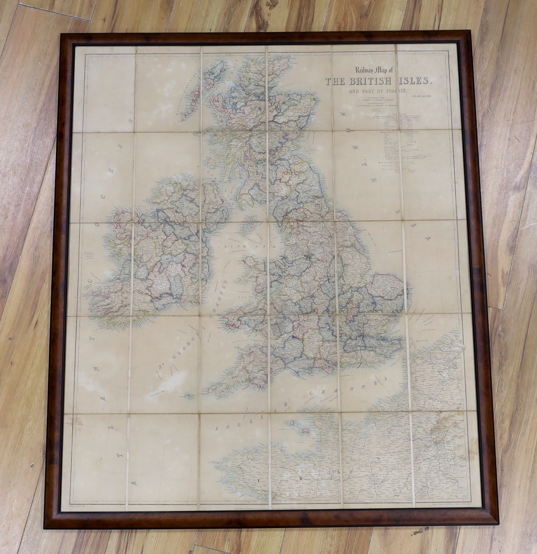 Benjamin Rees Davies, 19th century framed folding railway map of the British Isles and part of France, 1871, 95 x 79cm